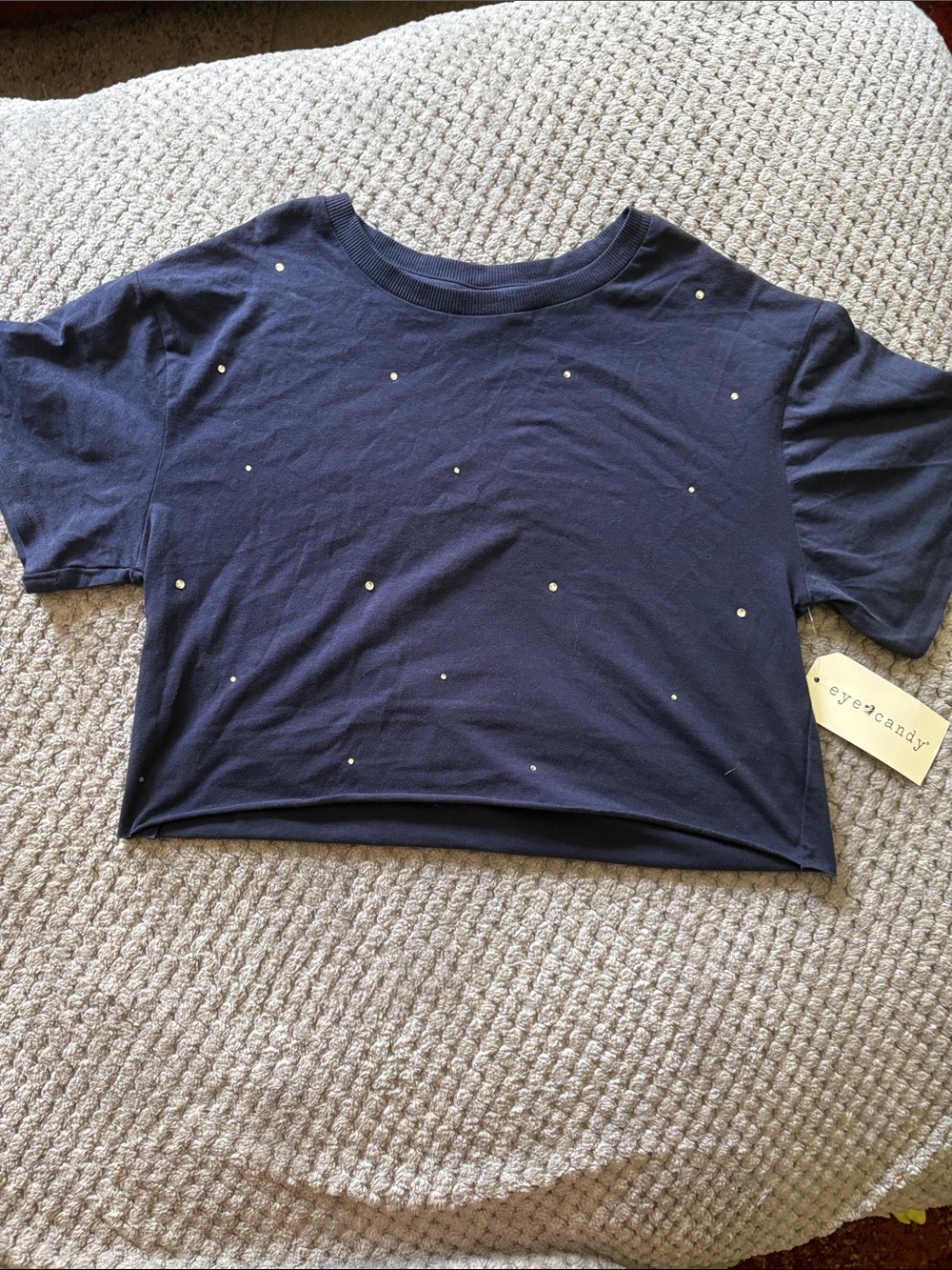 eye candy Navy Cropped Tee with Scattered Pearl-Like Studs